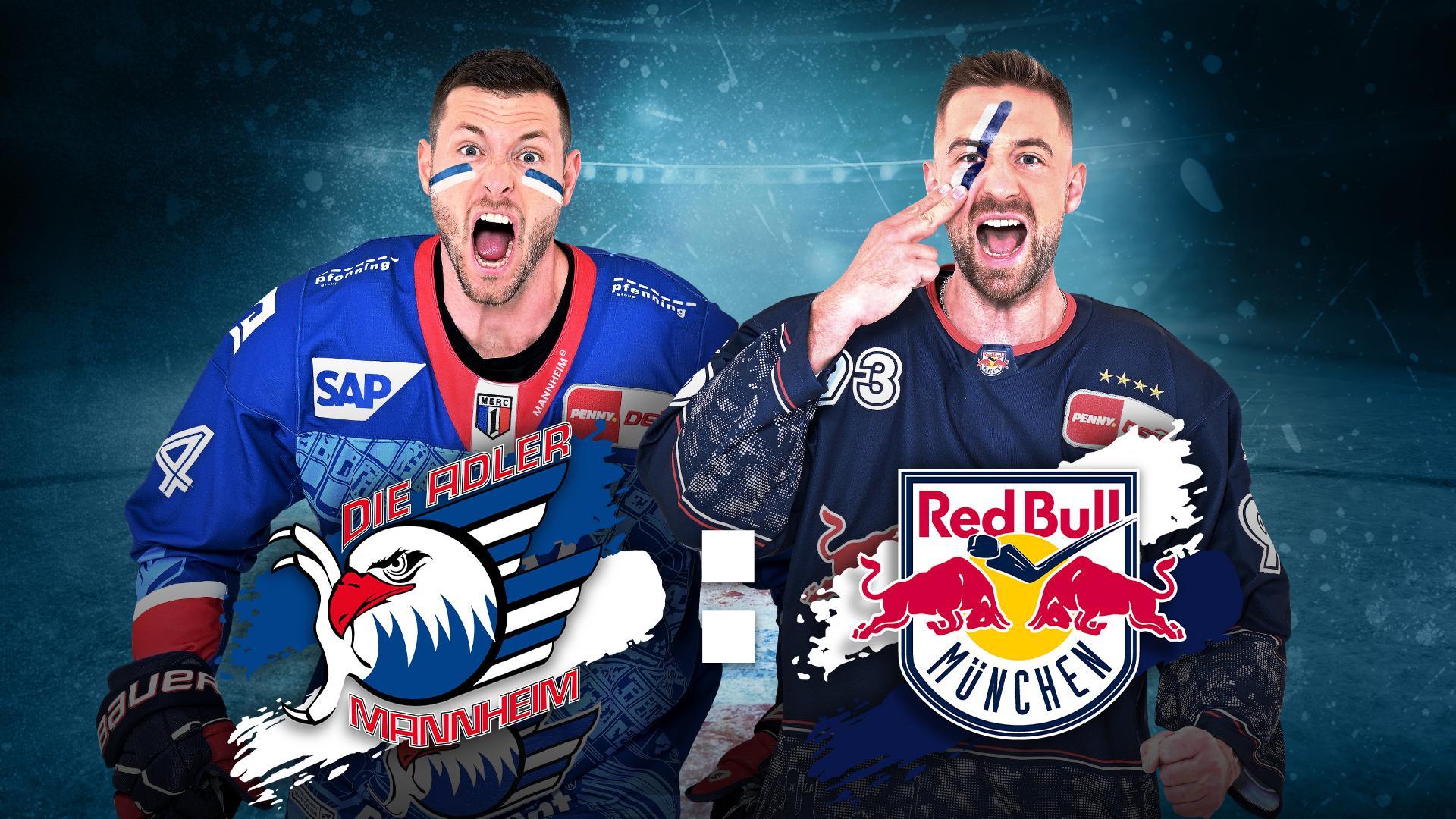 Werbegrafik mit Spielern von Adler Mannheim und Red Bull München mit Vereinslogos.